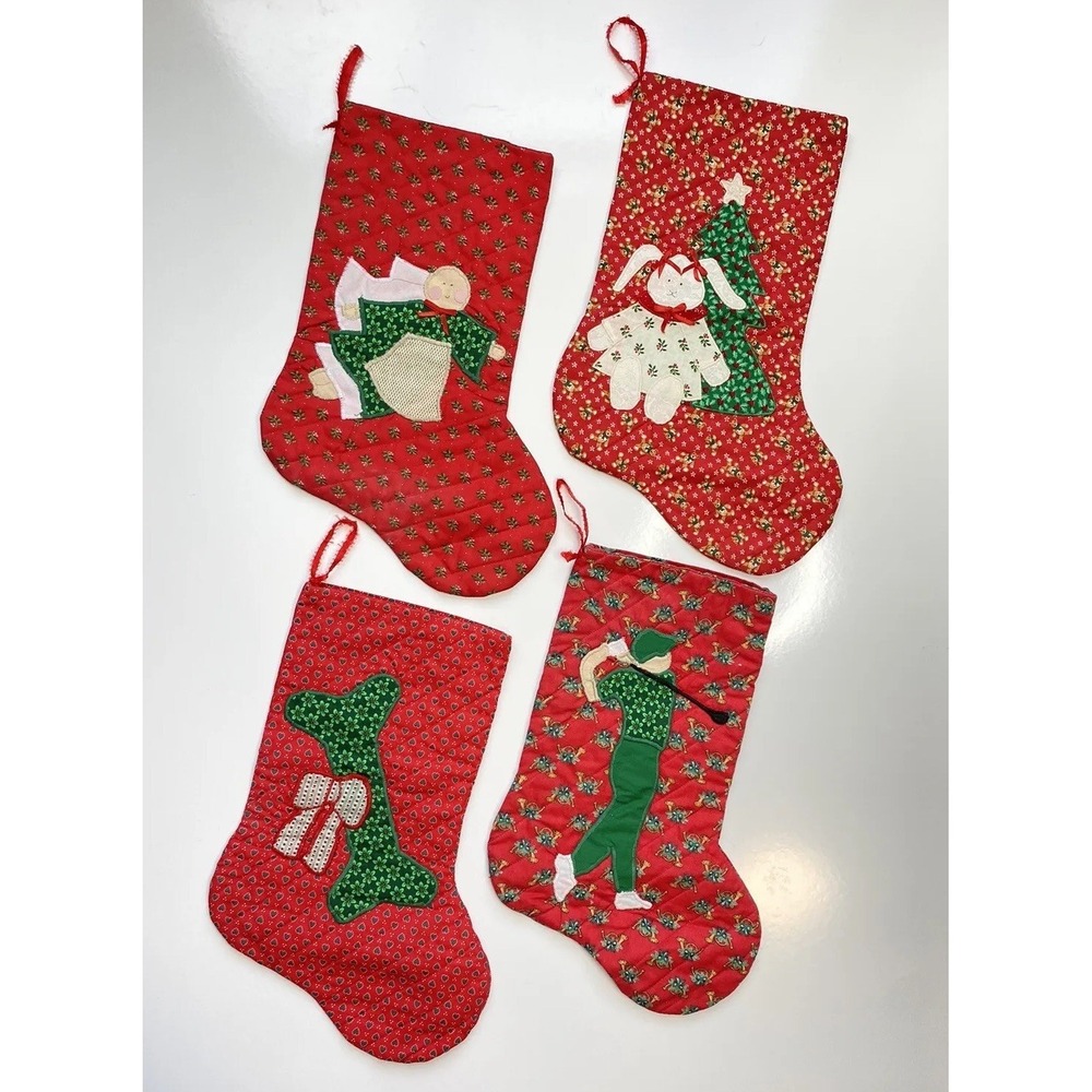 Vintage Quilted‎ Hand Made Christmas Stocking Decorations / Lot Of 4